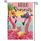 AVOIN colorlife Flamingo Hello Summer flag, front view, adds festive curb appeal to your garden.