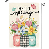 AVOIN colorlife Hello Spring flag front view shows floral mason jar design for welcoming guests.