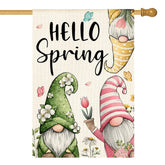 AVOIN colorlife Hello Spring flag front view with floral gnomes for welcoming outdoor spaces.