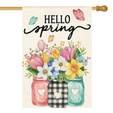 AVOIN colorlife Hello Spring flag with floral mason jar design boosts curb appeal.