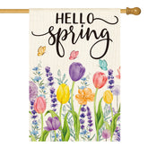 AVOIN colorlife Hello Spring Tulip Lavender flag front view for bright yard decor