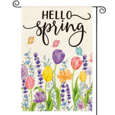 AVOIN colorlife Hello Spring tulip and lavender garden flag, double-sided for vibrant outdoor display.