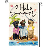 AVOIN colorlife Hello Summer flag front view with floral starfish, welcoming guests outdoors
