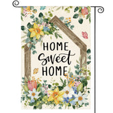 AVOIN colorlife Home Sweet Home flag with eucalyptus blooms for outdoor spring decor.