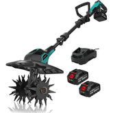 AXIDA 20V cordless tiller in action at 360 RPM for quick soil prep.