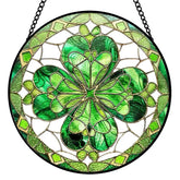 AXmospo four leaf clover suncatcher stained glass window with rainbow reflections.