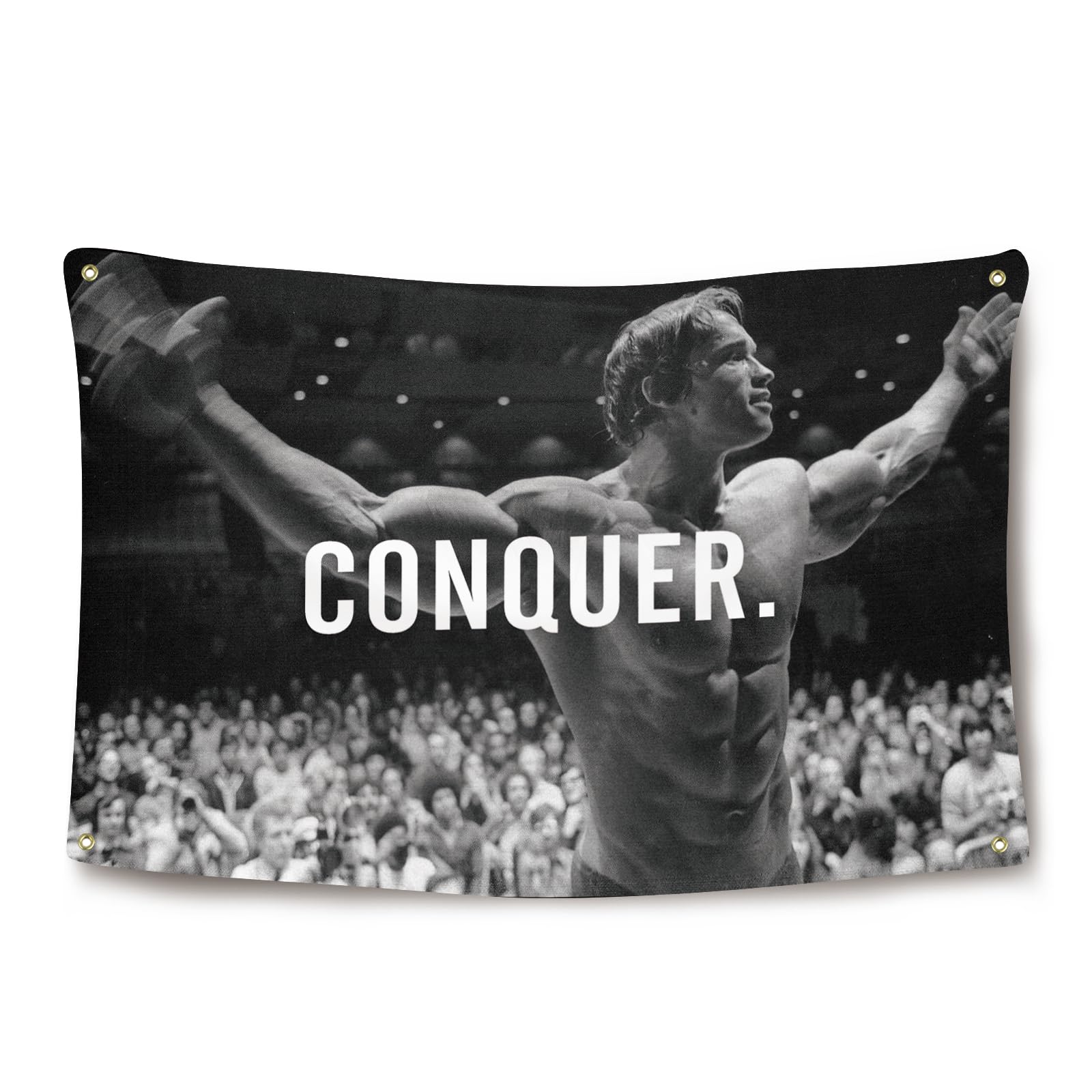Ayimiora Conquer Flag with Arnold Schwarzenegger for wall decor in dorms or gyms