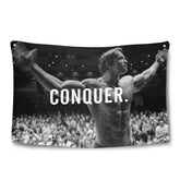 Ayimiora Conquer Flag with Arnold Schwarzenegger for wall decor in dorms or gyms