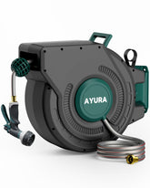 AYURA retractable hose reel 100ft with metal shaft demonstrating durable outdoor performance