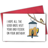 Bablira bird watcher birthday card front featuring playful bird feeder joke