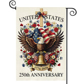 Baccessor 250 Years garden flag front view with durable double-sided burlap print for outdoor display