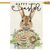 Baccessor Easter house flag with bunny and eggs on laurel design, visible from all angles.