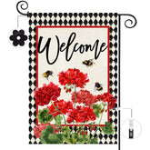 Baccessor geranium welcome flag, double-sided, boosts curb appeal with blooming red flowers.