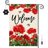 Baccessor geranium welcome flag front view showcases vibrant colors for curb appeal.