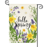 Baccessor Hello Spring garden flag with yellow daffodils boosts curb appeal.