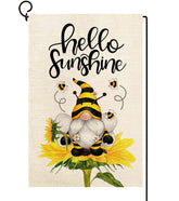 Baccessor Hello Sunshine flag with sunflower and gnome for a bright front-yard welcome.