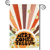 Baccessor Here Comes The Sun garden flag front design boosts curb appeal.
