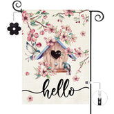 Baccessor Spring Garden Flag with pink floral bird house greets guests from any angle