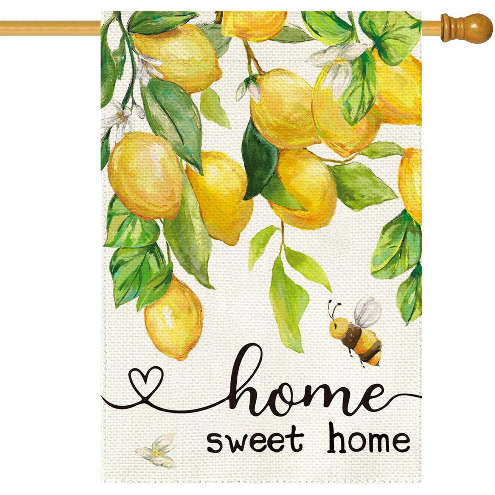 Baccessor Spring House Flag Lemon Bee Floral design greets guests outdoors.