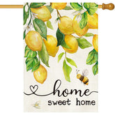 Baccessor Spring House Flag Lemon Bee Floral design greets guests outdoors.