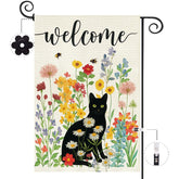 Baccessor Spring Summer Black Cat Garden Flag closeup shows a vibrant welcome from every angle.