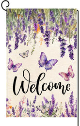 Baccessor spring-summer flag with lavender butterfly flowers for garden welcome.