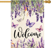 Baccessor flag with lavender butterfly floral welcome in a garden