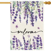 Baccessor spring-summer welcome flag front view with lavender blooms, double-sided visibility for guests