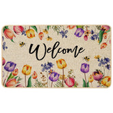 Baccessor Spring Tulips doormat at front door with purple pink flowers.