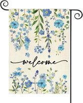 Baccessor summer garden flag with blue floral design welcomes guests outdoors.