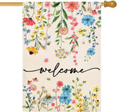 Baccessor welcome floral flag front view showing double-sided print for outdoor visibility.