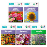 Back to the Roots organic flowers seeds 5-pack packaging, ready to start a spring garden