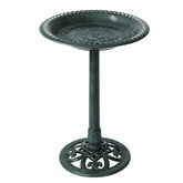 Backyard Expressions bird bath in green, 27-inch height, inviting multiple birds to drink.