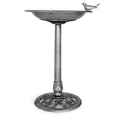Backyard Expressions birdbath in silver adds durable garden elegance and attracts birds.