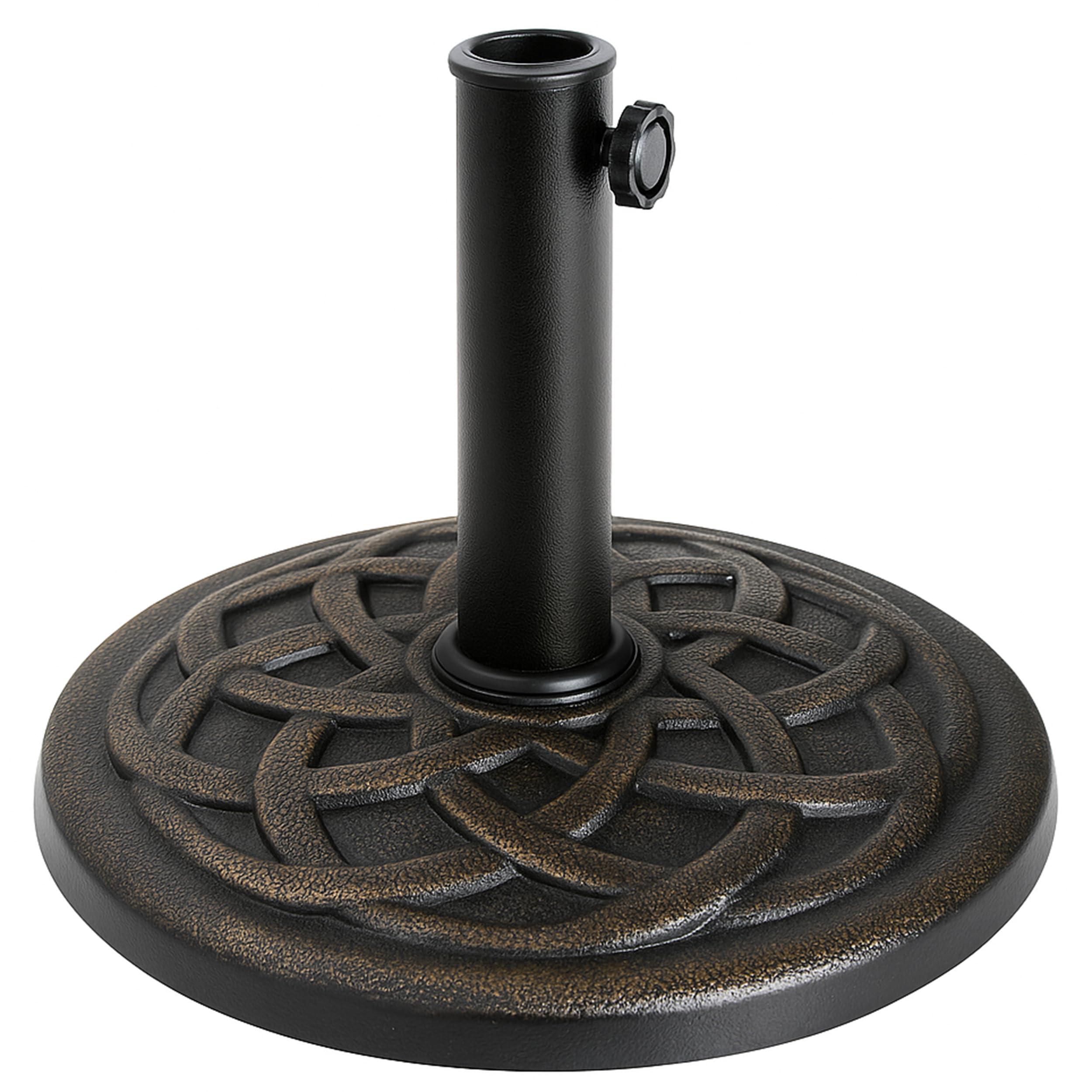 Backyard Expressions bronze umbrella base closeup showing interlocking rings for secure shade setups