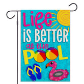 Balgardekor Life is Better at the Pool flag, front view, outdoor-ready double-sided burlap decoration.