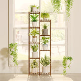 Bamworld 62-inch tall plant stand shown indoors and outdoors for space-saving vertical display