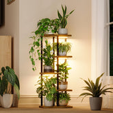Bamworld indoor plant stand with grow light showing a space-saving 5-tier display for thriving greens