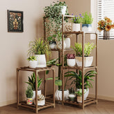 Bamworld plant stand corner shelf displaying multiple pots to maximize space.