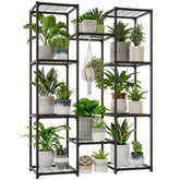 Bamworld outdoor metal plant stand displays multiple pots for garden organization.