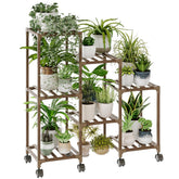 Bamworld seven-pot plant stand on wheels displaying a full multi-pot arrangement