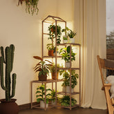 Bamworld tall corner plant stand with grow light displaying multiple plants elegantly