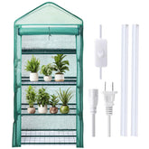 Baquler 4-tier mini greenhouse setup for year-round seed starting and plant protection.