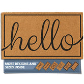 Barnyard Designs Hello doormat in natural coco coir welcomes guests at the front door.