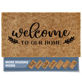 Barnyard Designs welcome doormat at front door showcases bold lettering for curb appeal and easy entry.