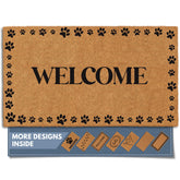 Barnyard Designs Welcome Paws doormat at front door for pet-friendly welcome