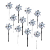 BATTIFE reflective pinwheels yard silver front view highlights shimmering blades and bird deterrence.