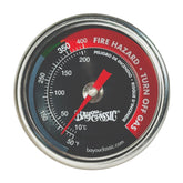 Bayou Classic 5070 fryer thermometer with stainless steel body and clear dial for accurate oil temps.