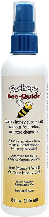 Bee-Quick bottle spray showing application for safe honey harvest