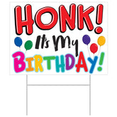 Beistle Honk It’s My Birthday yard sign with colorful balloons boosts curb appeal.